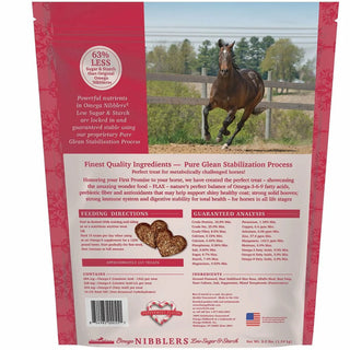 Close-up of Omega Fields Nibblers Low Sugar & Starch Horse Treats packaging