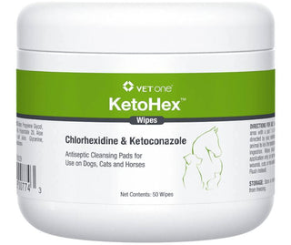 Container of KetoHex Wipes with 50 antibacterial pads for pets