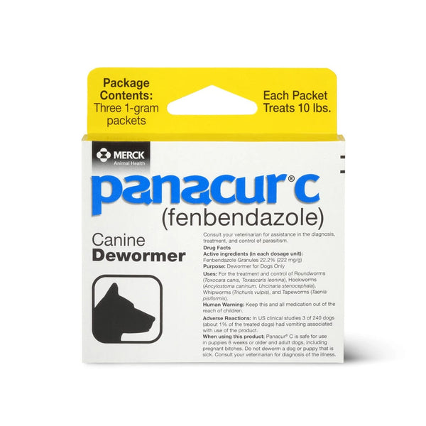 Close-up of Panacur C 1 gram packets for dog deworming