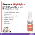 Close-up of Zymox Topical Spray label indicating Hydrocortisone Free formula