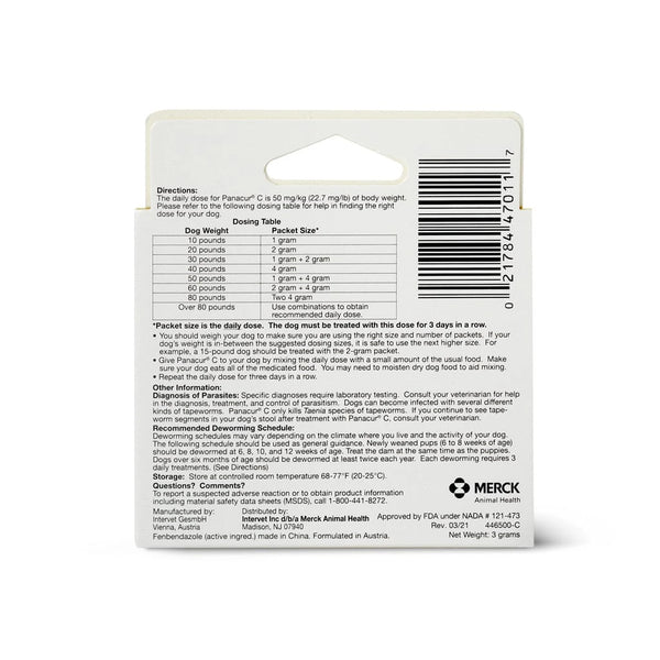 Panacur C Canine Dewormer product packaging on a white surface