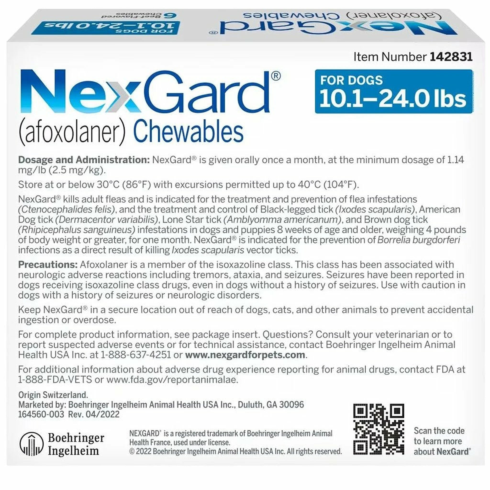 Backside of nexgard afoxolaner chewables for dogs