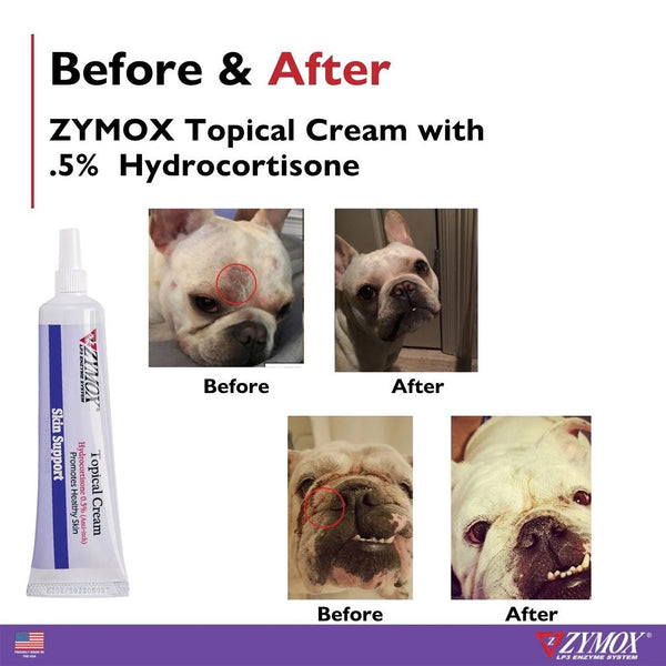 Comparative images showing effectiveness of Zymox cream on pet skin issues