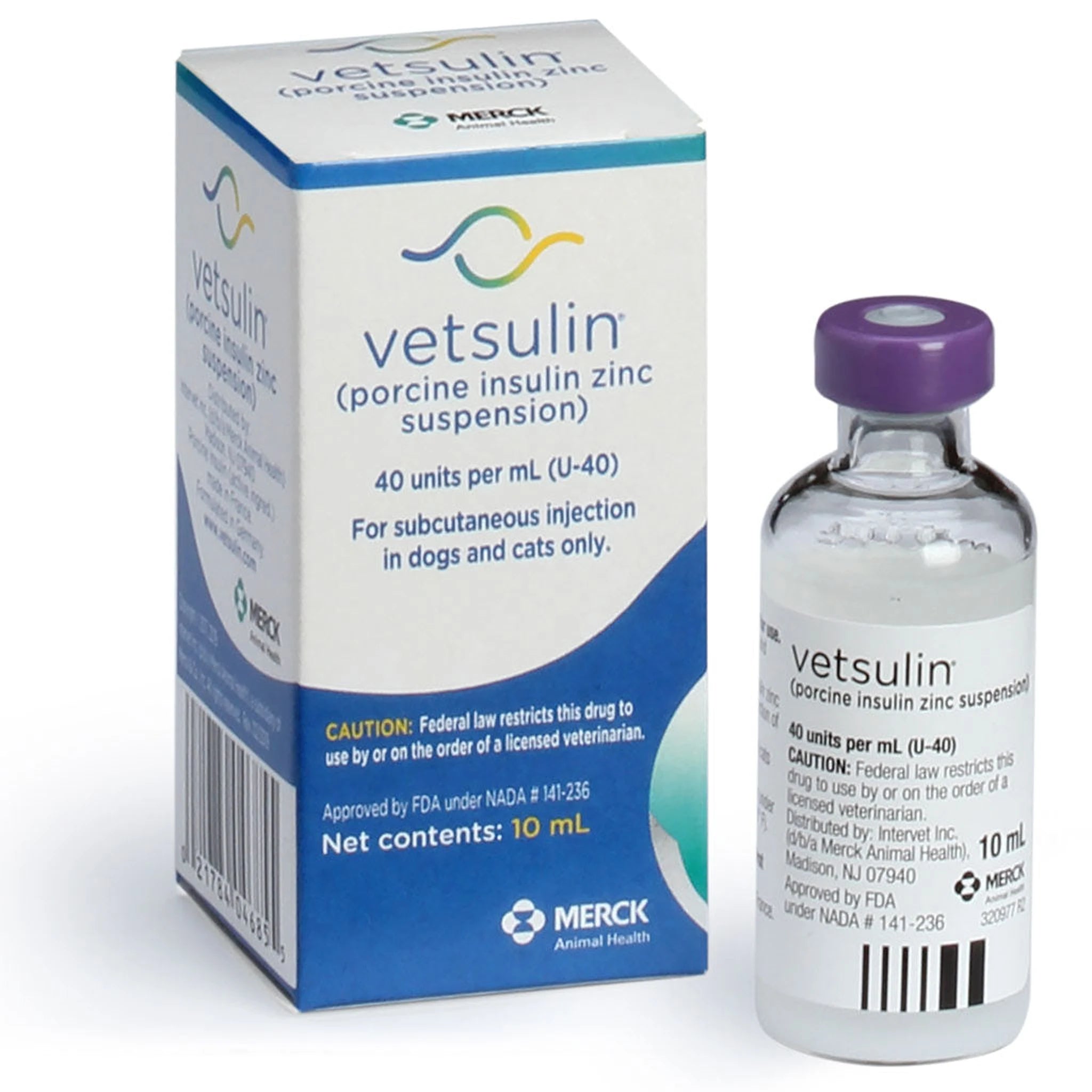 Vetsulin Insulin U-40 bottle alongside its packaging for pets