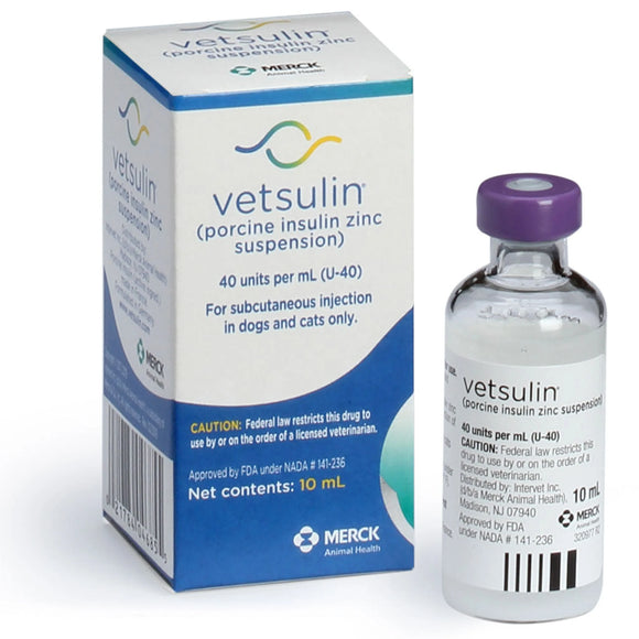 Vetsulin Insulin U-40 bottle alongside its packaging for pets