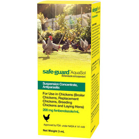 Yellow box of Safe-Guard AquaSol for chickens with chicken images on a white background