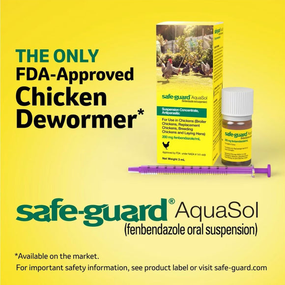 Safe-Guard AquaSol chicken dewormer packaging with text on a yellow background