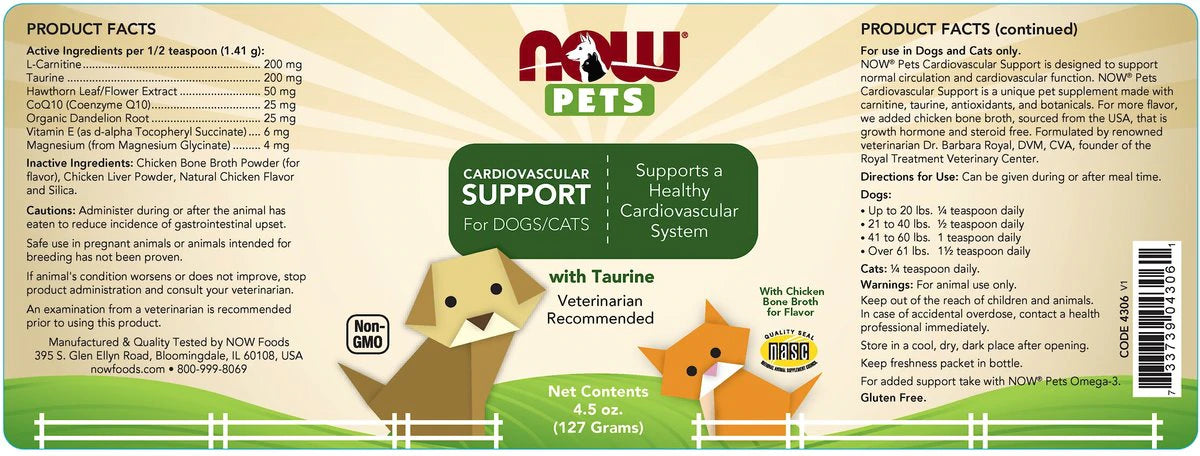 NOW Pets Cardiovascular Support Dog & Cat Supplement, 4.5-oz - 0