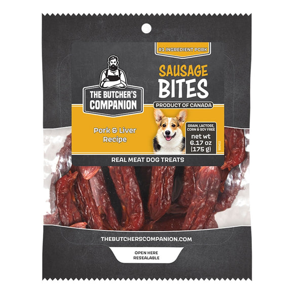 Package of The Butcher's Companion Sausage Bites dog treats with a dog on the label.