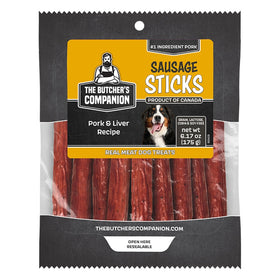 Package of The Butcher's Companion Sausage Sticks for dogs on a white background