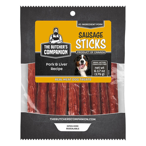 Package of The Butcher's Companion Sausage Sticks for dogs on a white background
