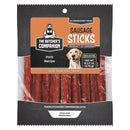 Package of The Butcher's Companion sausage sticks for dogs with a black and orange label.