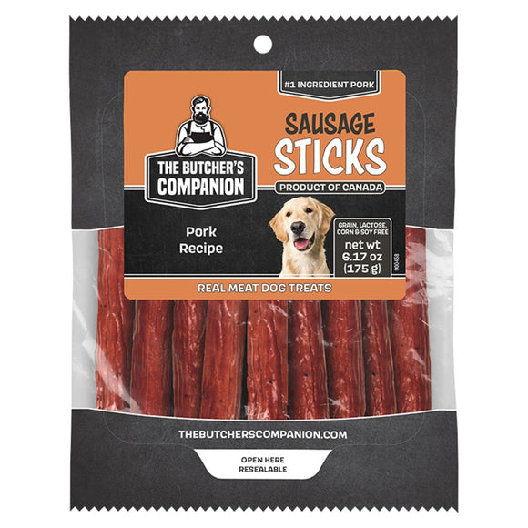 Package of The Butcher's Companion sausage sticks for dogs with a black and orange label.