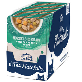 Packaging of Natural Balance Ultra Platefulls cat food with chicken and pumpkin recipe.