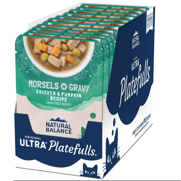 Packaging of Natural Balance Ultra Platefulls cat food with chicken and pumpkin recipe.