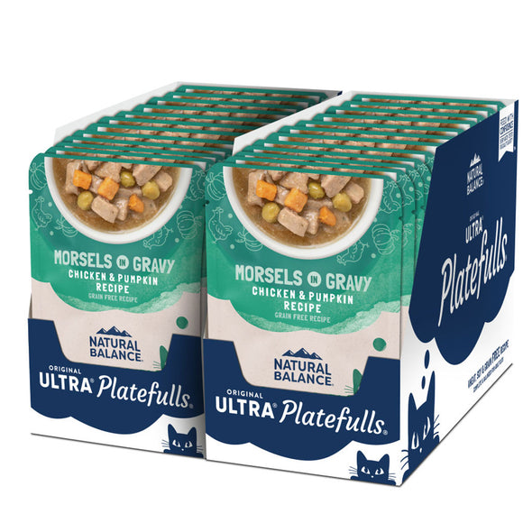 Multiple boxes of Natural Balance Ultra Platefulls Morsels o' Gravy cat food on a white background