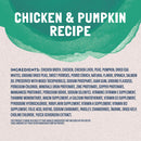 Chicken & Pumpkin Recipe label with ingredients list on a textured background