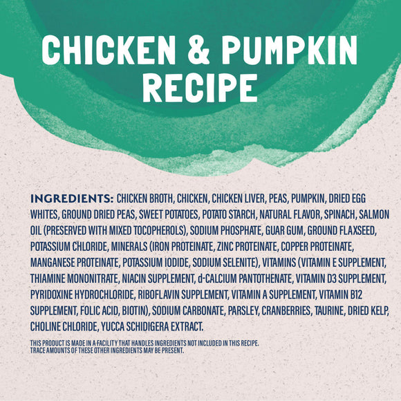Chicken & Pumpkin Recipe label with ingredients list on a textured background
