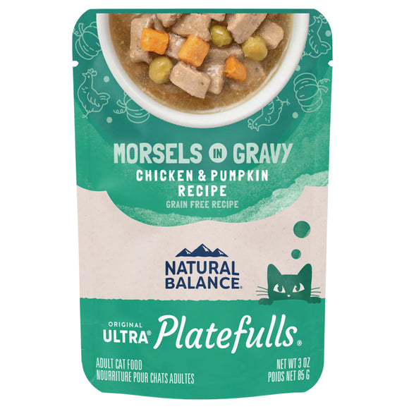 Natural Balance Pet Foods Original Ultra Platefulls Morsels in Gravy Wet Cat Food Pouch Chicken & Pumpkin, 3-oz case of 24