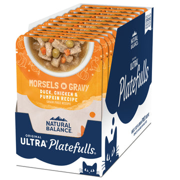 Box of Natural Balance Ultra Platefulls cat food with an orange and blue design.
