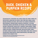 Duck, Chicken & Pumpkin Recipe label with ingredient list on a textured background