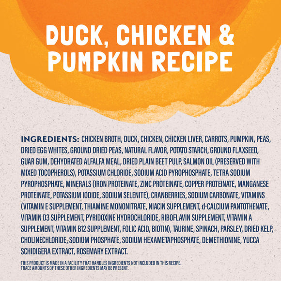 Duck, Chicken & Pumpkin Recipe label with ingredient list on a textured background