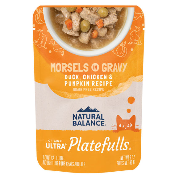 Natural Balance Pet Foods Original Ultra Platefulls Morsels in Gravy Wet Cat Food Pouch Duck, Chicken, & Pumpkin, 3-oz case of 24