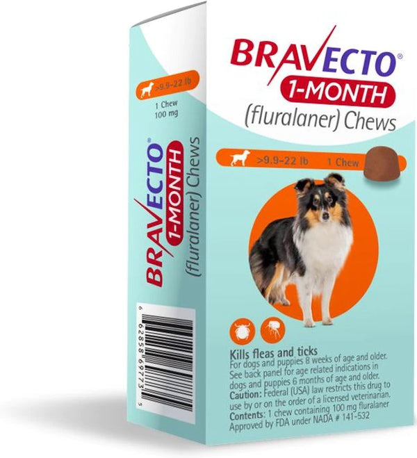 Bravecto 1-Month Chew for Dogs, 9.9-22 lbs, (Orange Box)