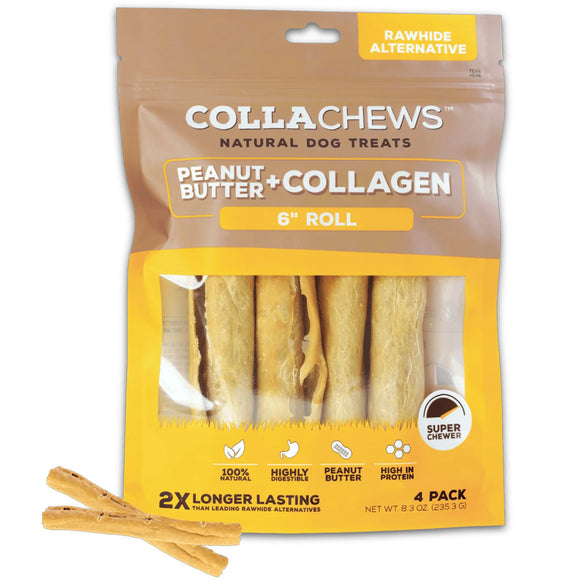 CollaChews Rolls Peanut Butter & Collagen Natural Dog Treats, 6", 4-count