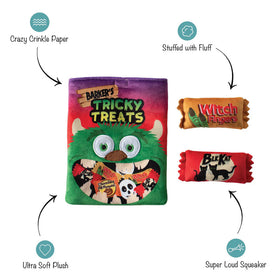 Dog toy packaging with features highlighted on a white background