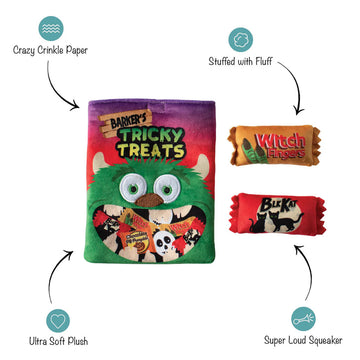 Dog toy packaging with features highlighted on a white background