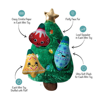 Plush Christmas tree toy with mini toys attached, featuring crinkle paper, faux fur, and soft plush materials.