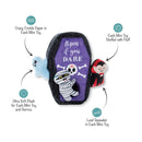 Product packaging with Halloween-themed toys and features on a white background