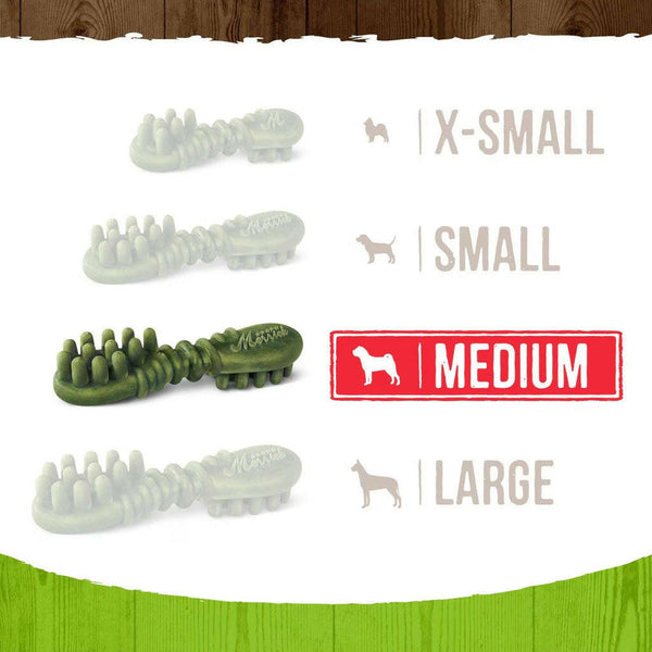 Size chart for Merrick Fresh Kisses dental treats indicating medium, large, and small options