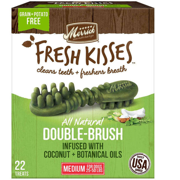 Close-up of Merrick Fresh Kisses dental treats with coconut oil infusion for dogs