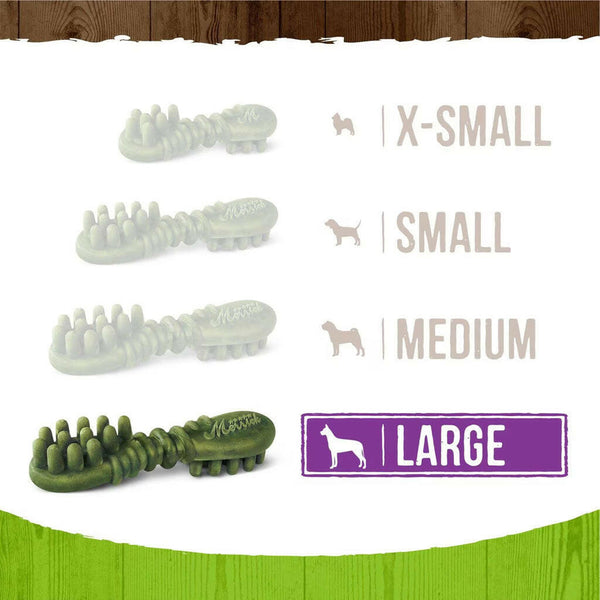 Size chart comparison for Merrick Fresh Kisses dental treats suitable for large, medium, and small dogs