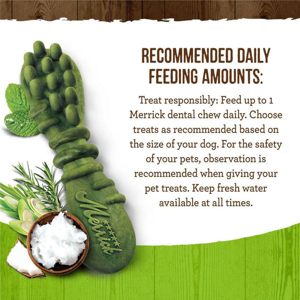 Merrick Fresh Kisses coconut-flavored dental treats for large dogs feeding guidelines