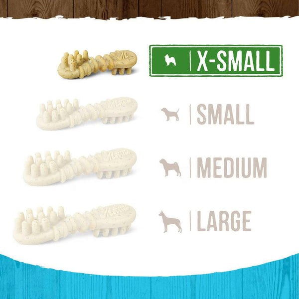 Merrick Fresh Kisses dental treats for toy breed dogs with size chart