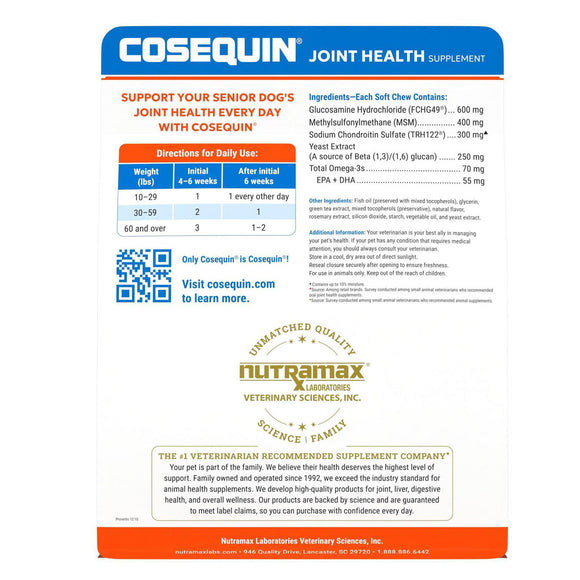 Nutramax Cosequin Senior Joint Health Supplement for Senior Dogs 120 soft chews backside