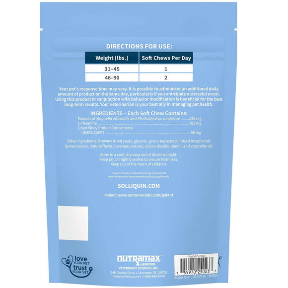 Nutramax Solliquin Calming Behavioral Health Supplement for Large Dogs – 75 Soft Chews