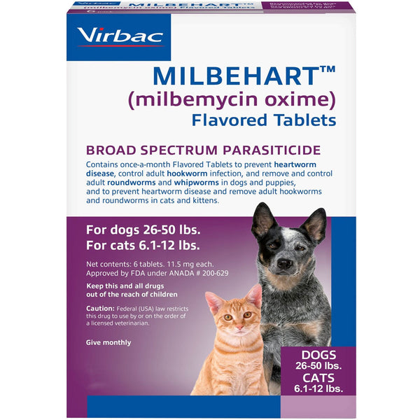 Milbehart Flavored Tablets for Dogs, 26-50 lbs, & Cats, 6.1-12 lbs 1  tablet