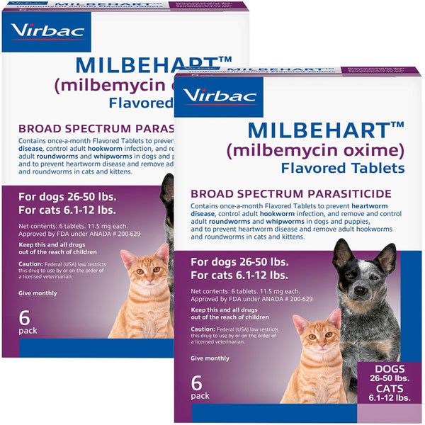 Milbehart Flavored Tablets for Dogs, 26-50 lbs, & Cats, 6.1-12 lbs 12 tablets