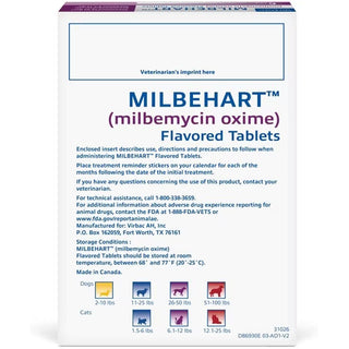 Milbehart Flavored Tablets for Dogs, 26-50 lbs, & Cats, 6.1-12 lbs backside