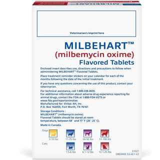Milbehart Flavored Tablets for Dogs, 51-100 lbs, & Cats, 12-25 lbs, (Red Box) 1 backside