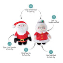 Two plush toys, one resembling Santa Claus and the other resembling Mrs. Claus, with features highlighted on a white background.