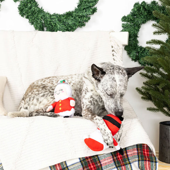 Dog lying on a couch with a Christmas-themed toy, surrounded by festive decorations.