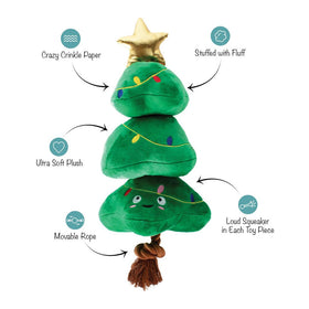 Green plush toy resembling a Christmas tree with features highlighted on a white background
