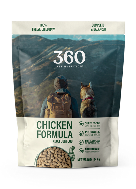 360 Pet Nutrition chicken formula dog food package with a person and dog illustration on a mountain background