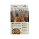 360 Pet Nutrition dog food package with a scenic background