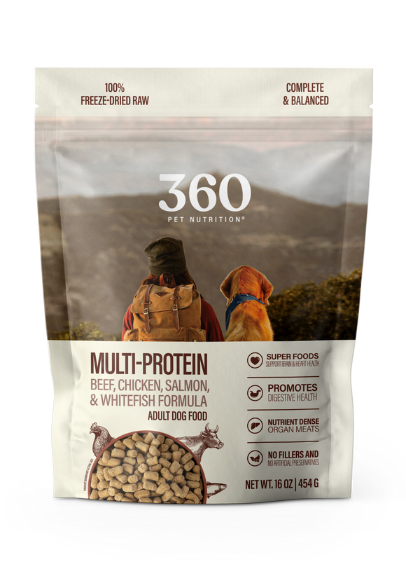 Package of 360 Pet Nutrition Multi-Protein dog food with a scenic background
